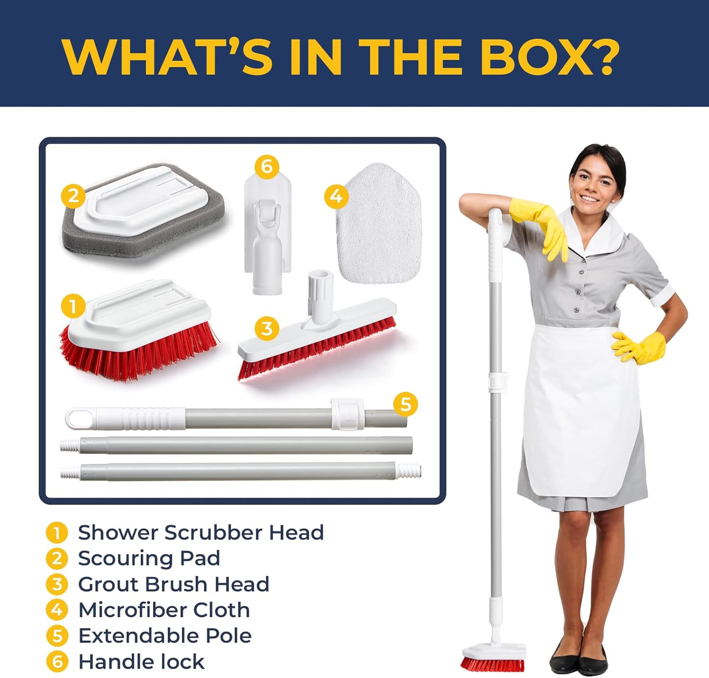 Shower Scrubber with Long Handle, Stiff Bristles Grout-Brush, Tub Scrub-Brush with Long-Handle, Shower-Cleaner Brush, Grout Cleaning Brush for Tile floors, Scouring Pad & Microfiber Cloth for Bathroom