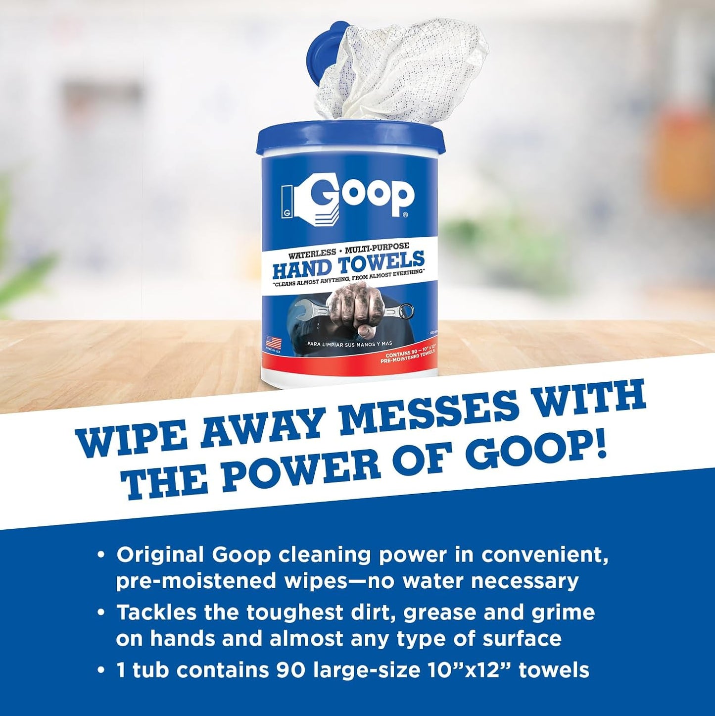 GOOP Multi-Purpose Waterless Hand Cleaner Towels - 90, 10" x 12" Towels (Pack of 2)