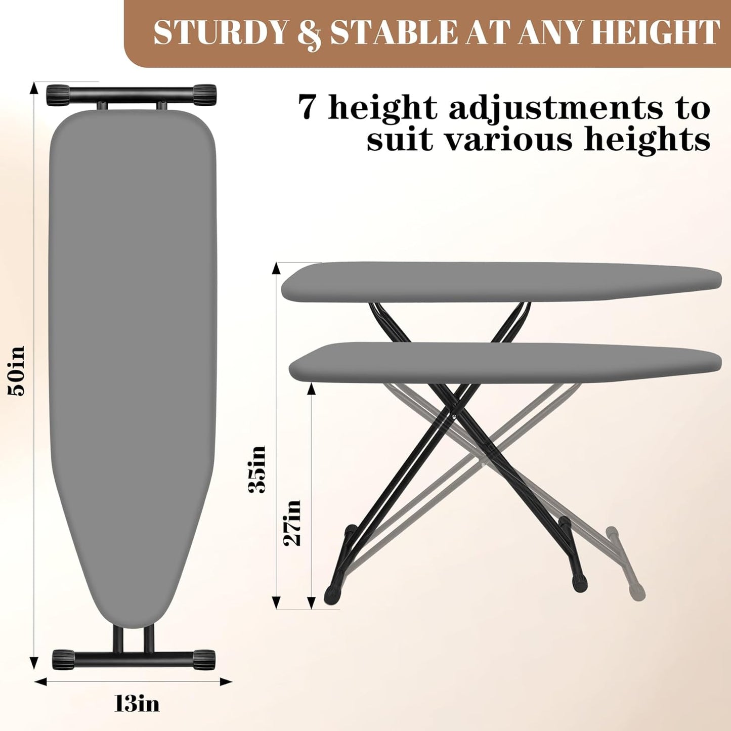 Ironing Board, Compact and Space Saver,Size 13 x 43, Metal Construction Ironing Boards with Extra Thick Heavy Duty Padded, Stable Structure,Skid Feet, Premium Iron Board,Grey