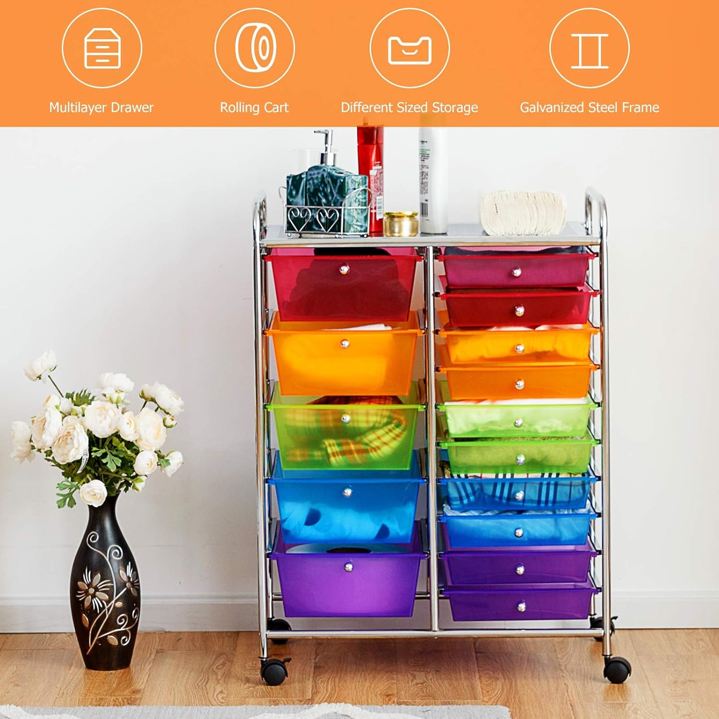 GOFLAME 15-Drawer Rolling Storage Cart, Multipurpose Movable Organizer Cart, Utility Cart for Home, Office, School, Rainbow