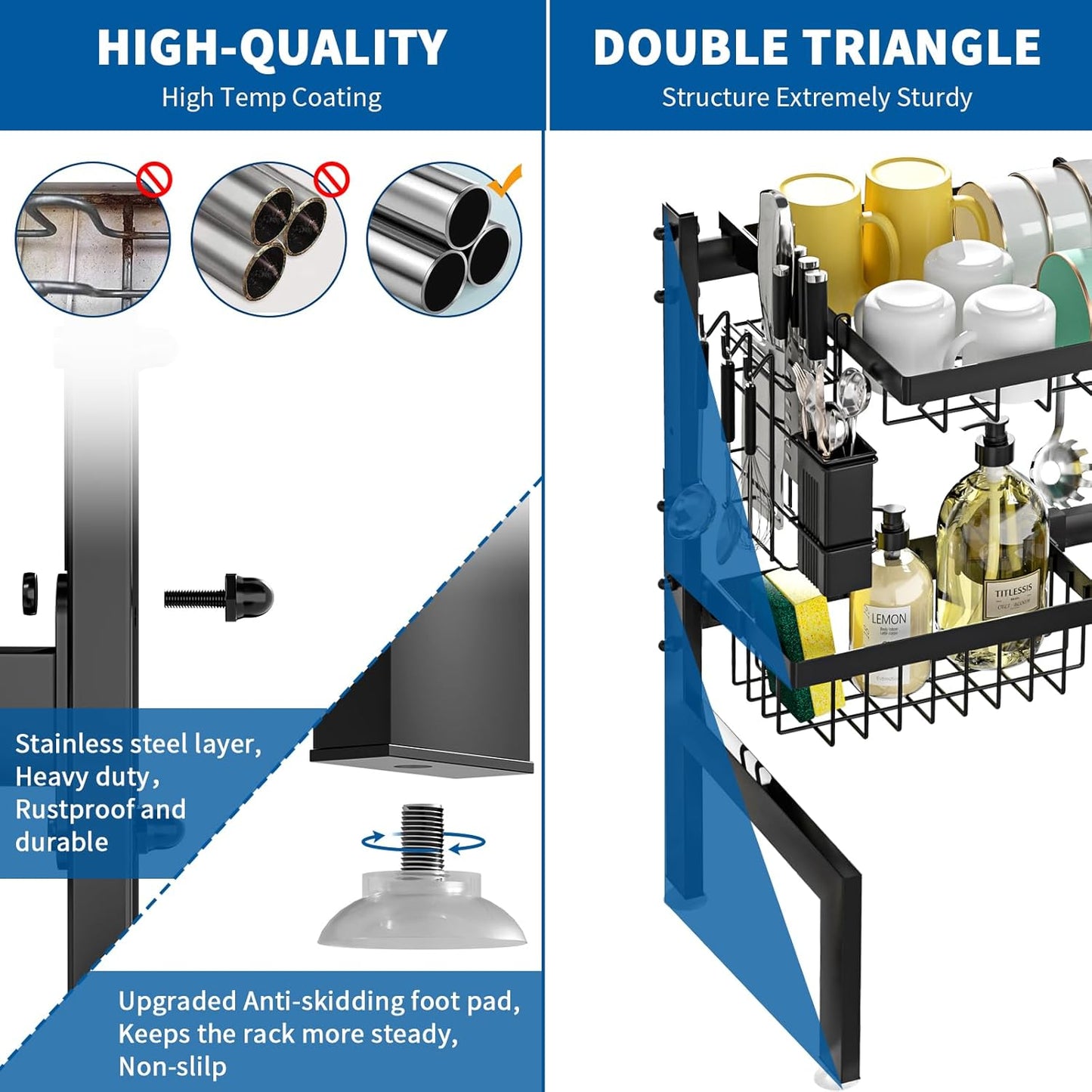 Over The Sink Dish Drying Rack,Expandable 2-Tier Stainless Steel Over The Sink Dish Rack with Utensil Holder Dish Drainers for Kitchen Counter