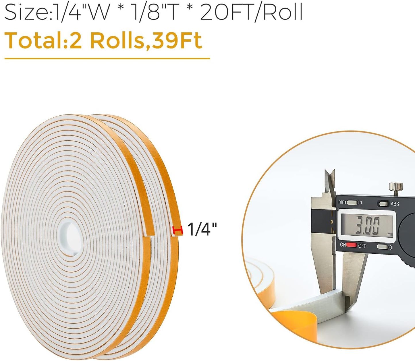39 Feet Weather Stripping Door Seal, 1/4" Wide X 1/8" Thick Door Seal Strip High Density Foam Tape Adhesive Strip for Door Soundproofing,Window Insulation (1/4" x 1/8" x 39FT,White)