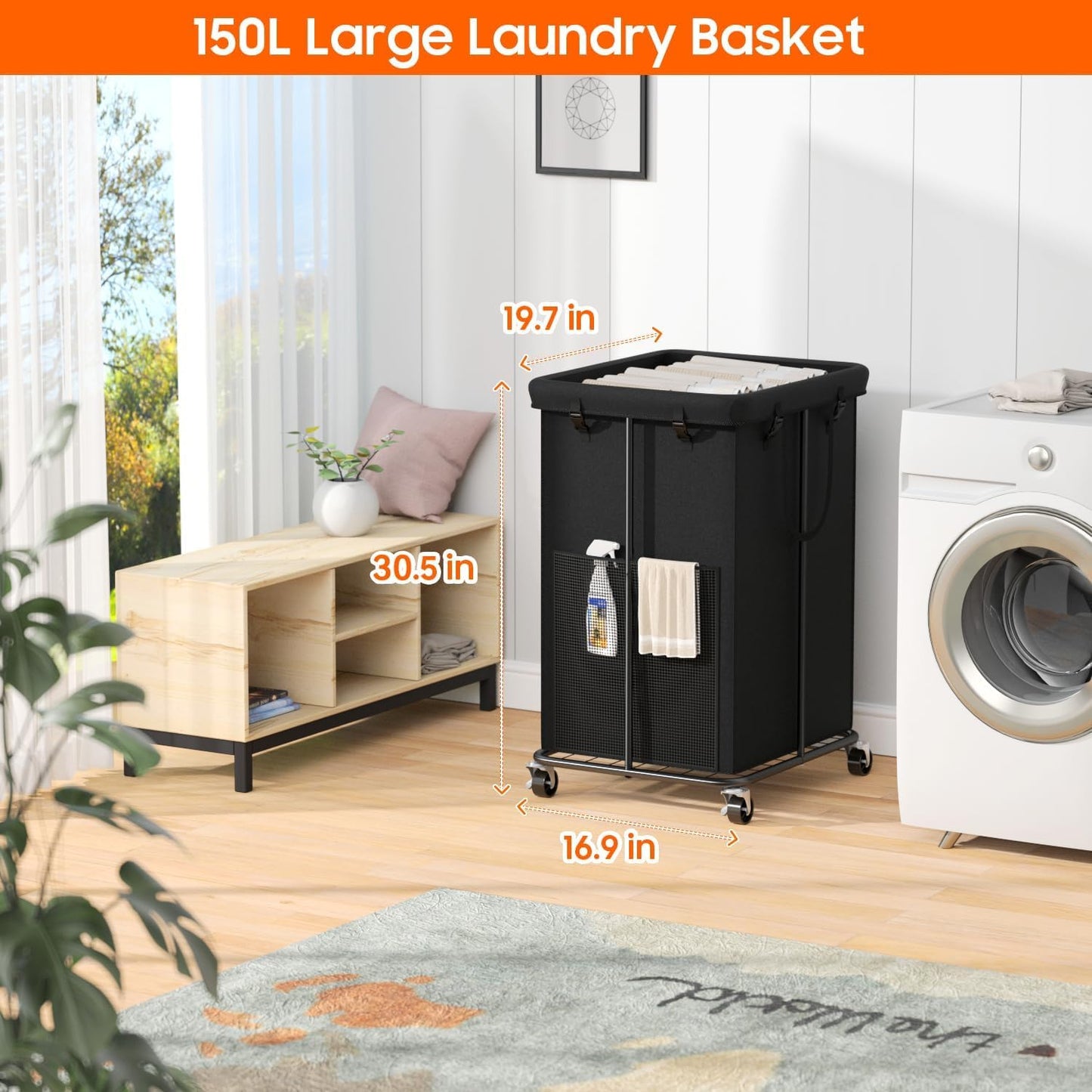 150L Laundry Hamper with Wheels, Rolling Laundry Basket with Metal Frame and Removable Bag, Large & Tall Dirty Clothes Hampers for Bedroom Aesthetic, Laundry Room, Bathroom, Dorm-Black