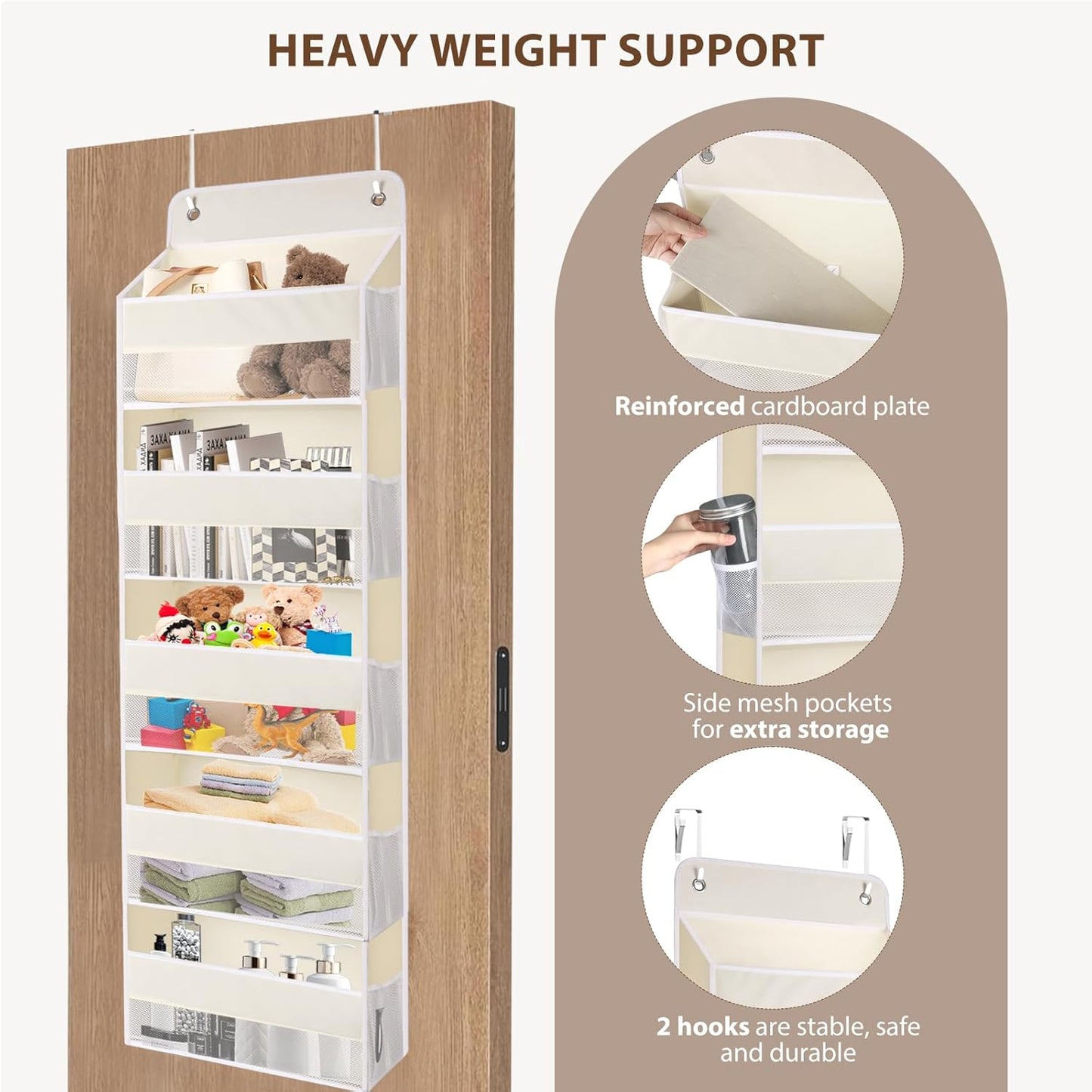 QINGUANG Over The Door Organizer,Hanging Organization and Storage, Behind Door Organizer with Side Pockets, 44 lbs Capacity,Anti Tilt, for Nursery, Bathroom, Bedroom,Dorm 5-Shelf Beige