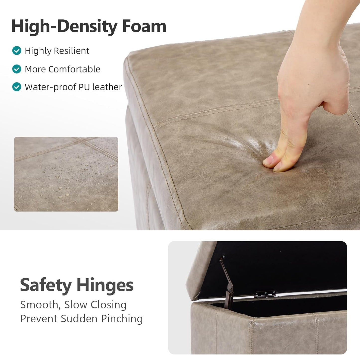 Faux Leather Ottoman with Storage, 42 Inch Rectangular Storage Ottoman Bench with Safety Hinged Lid, Large Upholstered End of Bench for Bedroom Entryway Living Room, Grey