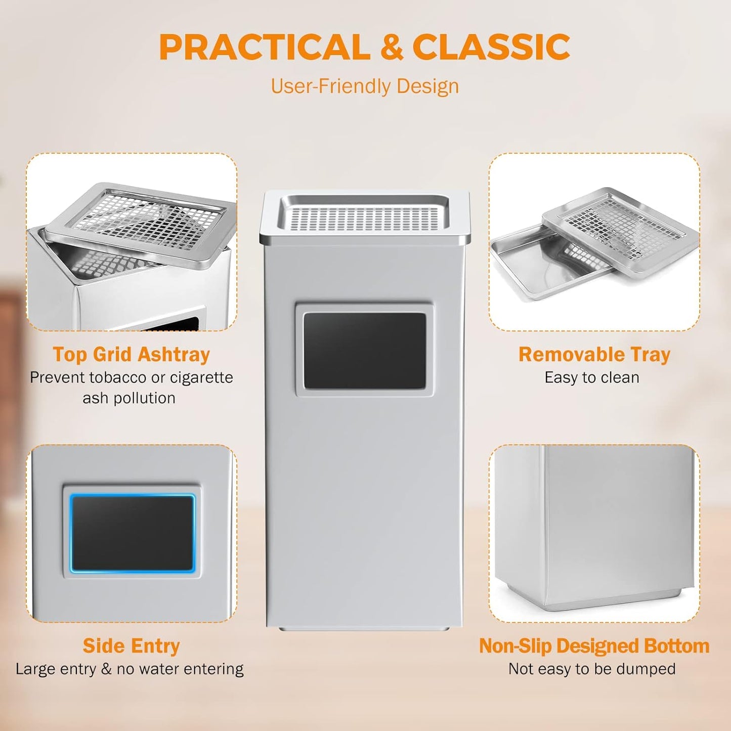 BEAMNOVA Trash Can Indoor Outdoor Metal Stainless Steel Commercial Garbage Can Industrial Garbage Enclosure Inside Cabinet with Lid Waste Container, Color Metallic, 31*25*61 cm / 12.2*9.8*24 in