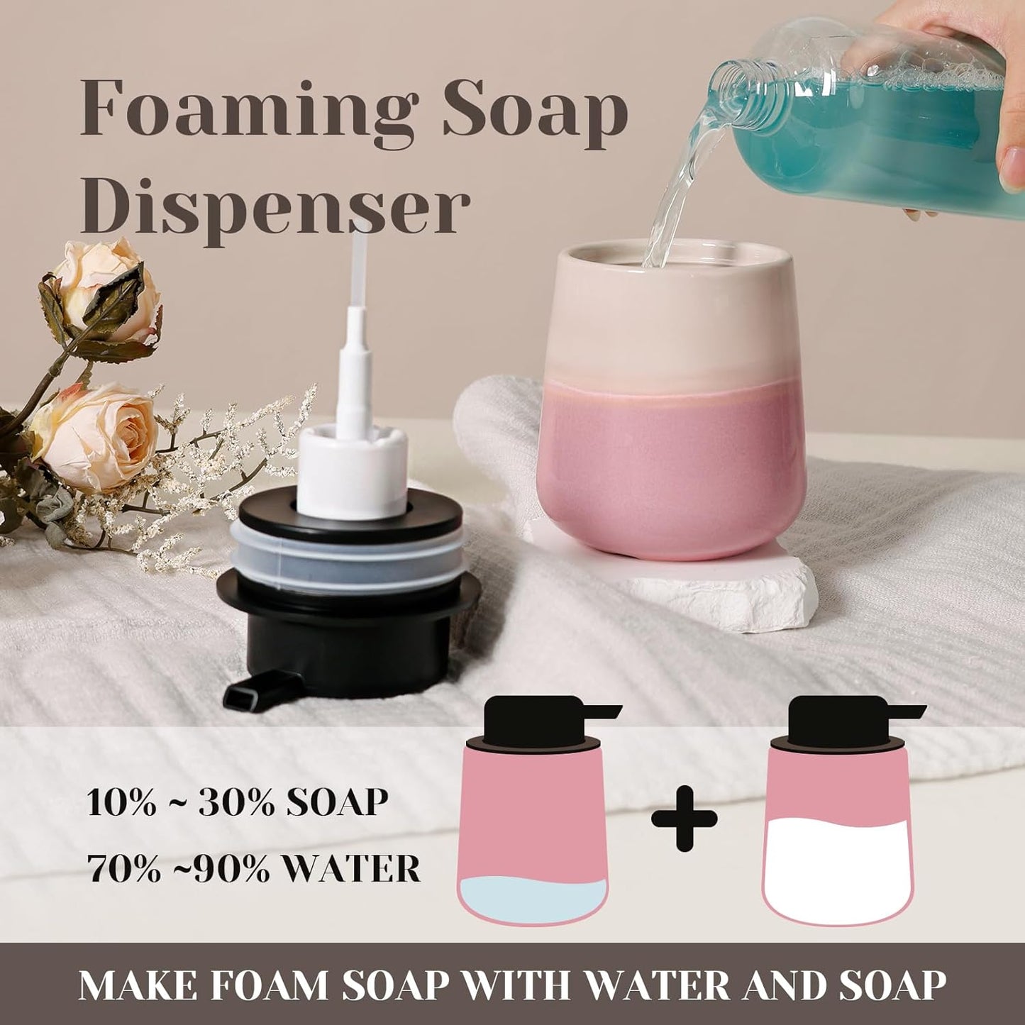 INGOFIN Ceramic Foaming Soap Dispenser - 12oz Foam Hand Soap Dispenser Bathroom, Refillable Modern Dish Dispenser with Pump for Kitchen, Beige and Pink