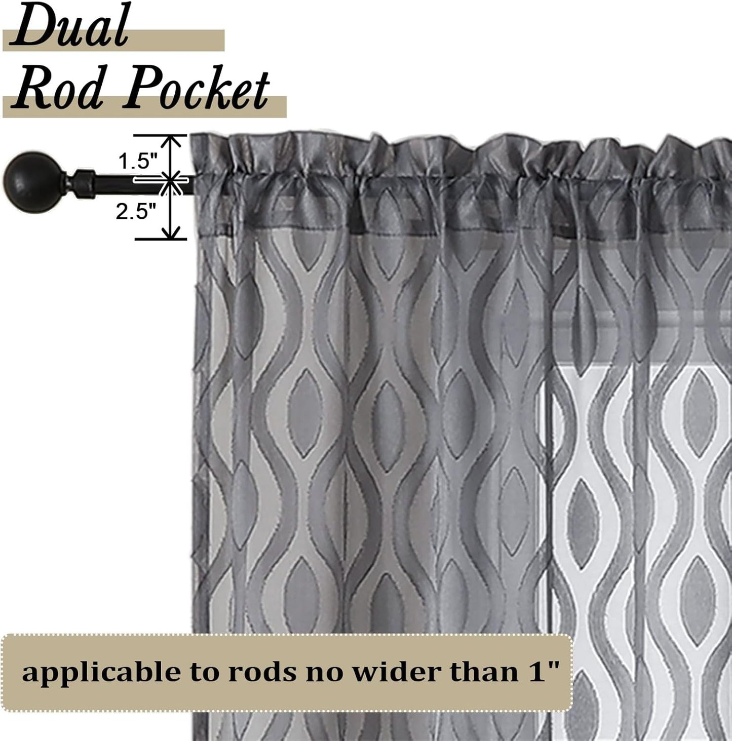 Aiyufeng Grey Sheer Curtains Tiers 36 Inch Length 2 Panels Set, Airy Lightweight Clip Jacquard Small Window Curtains, Modern Wavy Line Textured Voile Sheer Curtains for Small Windows, 40" Wx36 L Inch