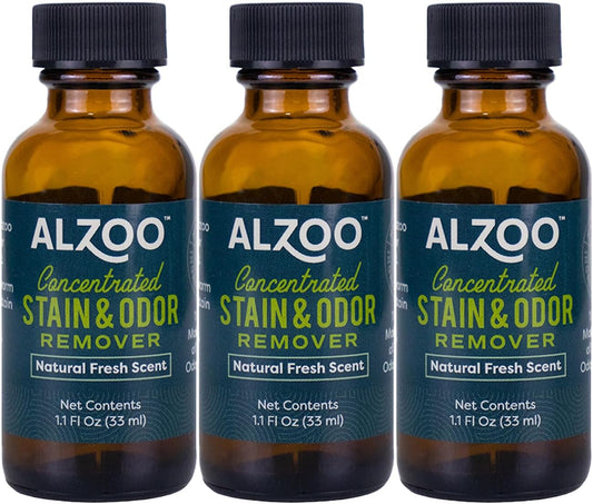 ALZOO Concentrated Stain & Odor Remover Refill Bottle, 100% Plant-Based Active Ingredients, 1.1 Fl. Oz, Pack of 3
