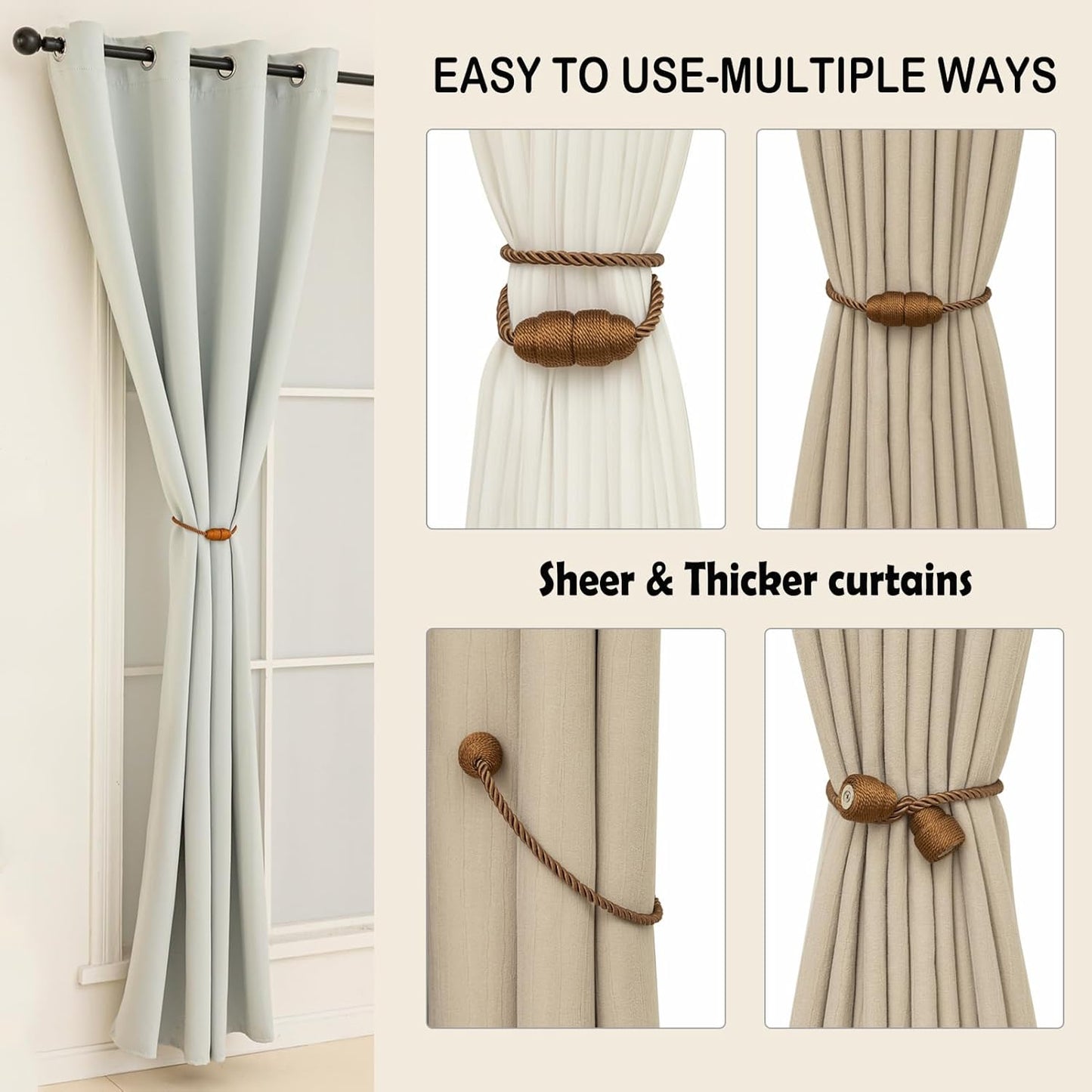 Magnetic Rope Curtain Tiebacks 6 Pack Holders for Drapes and Curtains, Khaki