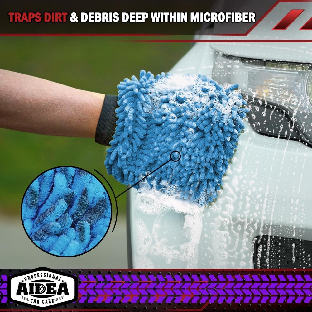 AIDEA Car Wash Mitt Microfiber 2PK, Scratch-Free& Lint-Free, Premium Chenille Microfiber Wash Mitt-Blue Extra Large Size (8''X12'')