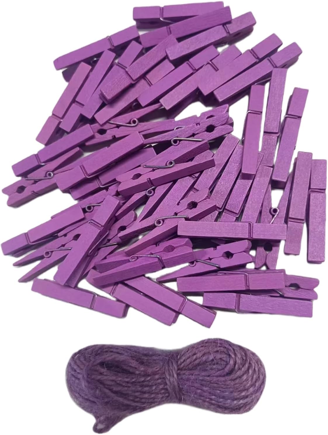 1.9" Small Wooden Clothes Pins Baby Shower Light Purple Mini Clips Photo Holder Hanging Crafts Clothespin Pack 50 with Clothesline