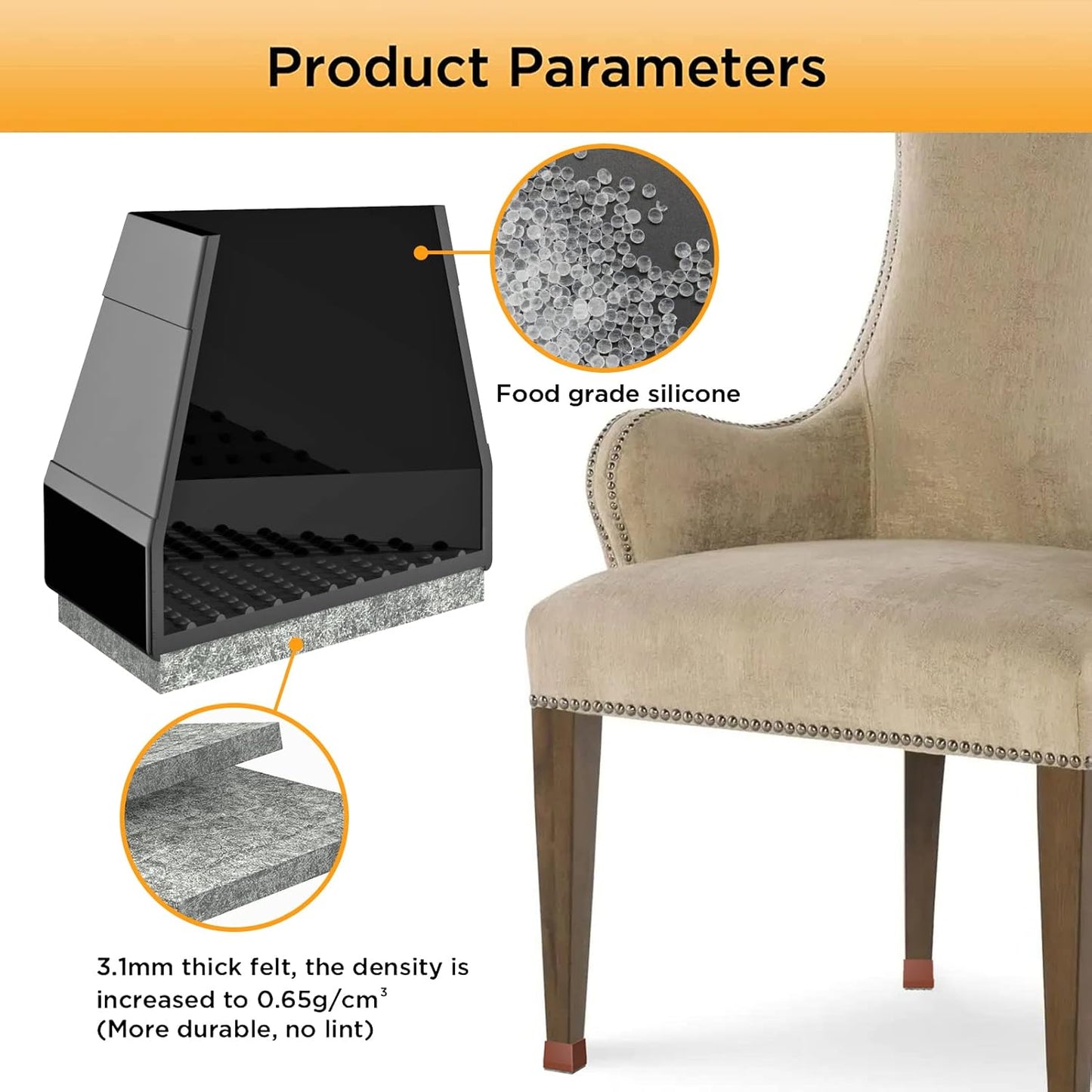 Square Chair Leg Protectors for Hardwood Floors,16 Pcs Silicone Felt Furniture Legs Caps to Prevent Floor from Scratches and Reduce Noise, Easy to Move,（Fit: 2.25" -2.75" Black）.