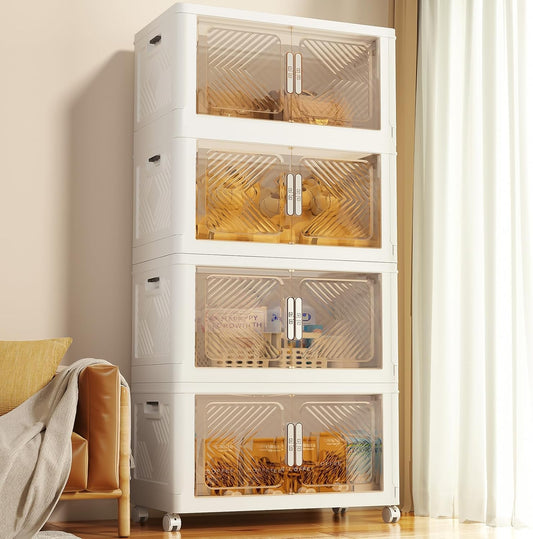 Storage Bins with Lid 120QT, Stackable Storage Containers with Wheels and Magnetic Doors, Plastic Clothes Closet Organizers and Storage Box for Pantry, Home and Office (4 Pack)