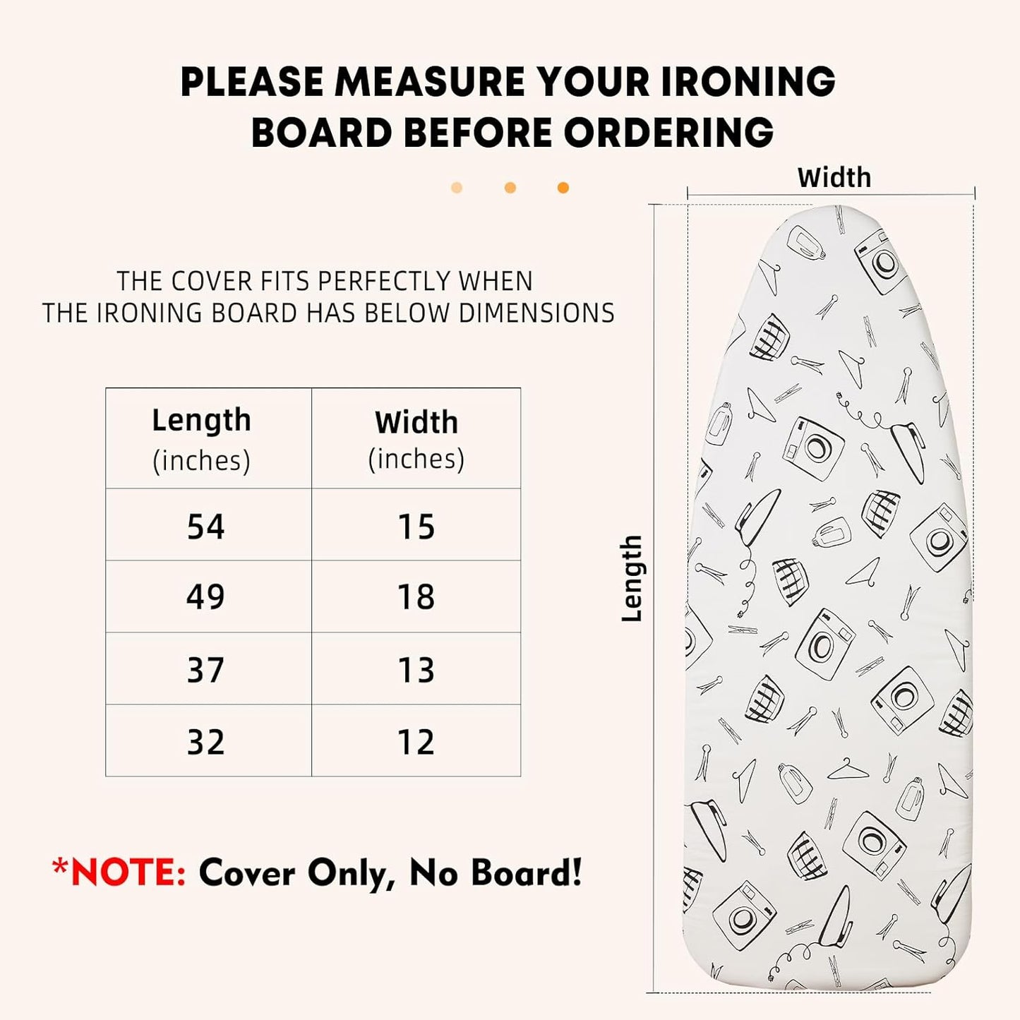 Wide Ironing Board Cover and Pad 18 x 49 inch Heat Reflective with Hook and Loop Fasteners, Thick Padding with Elasticized Edges, 3 Layers Iron Board Cover (White)