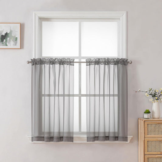 Chyhomenyc Sheer Curtains Tiers 42W x 24L Inches, Light Filtering Small Curtains, Short Bathroom Living Room Cafe Basement Voile Window Curtain, Rod Pocket, 2PCS, Charcoal Grey