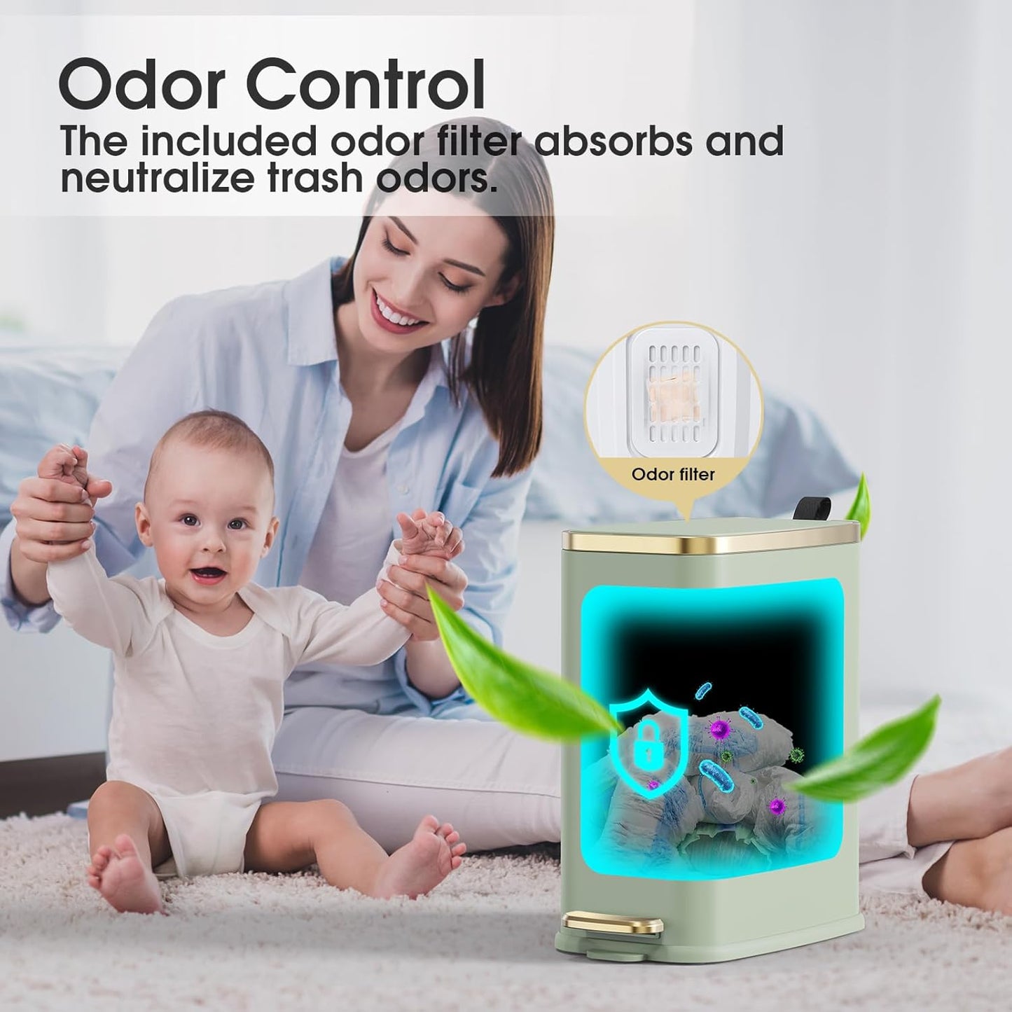 CEROELDA Small Bathroom Trash Can with Lid Soft Close-5L/1.3 Gal Slim Garbage Can-Metal Step Wastebasket-Rectangle Narrow Waste Bin for Office, Bedroom, Toilet, Live Room (Green)