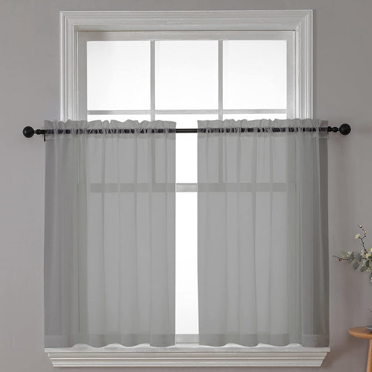 Chyhomenyc Sheer Window Curtains Tier 2 Pieces Set, 36 inch Length, Short Dining Curtains Window Treatment for Small Windows/Bathroom/Cafe/Living Room, Rod Pocket, Charcoal Grey
