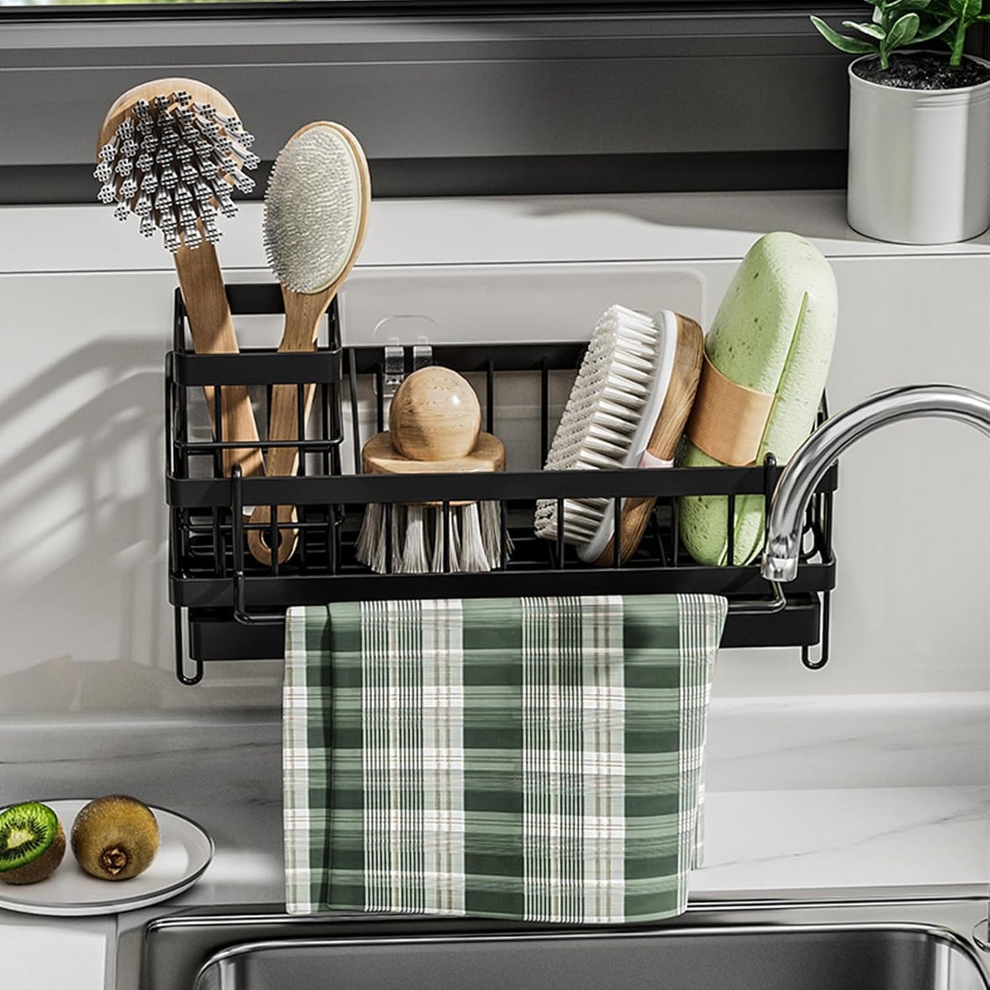 Sink Caddy kitchen Organzier with High Brush Holder, Wall-Mounted Sponge Holder for Sink, Countertop Organizer Soap Dispenser Storage, Rustproof 304 Stainless Steel Kitchen Essentials