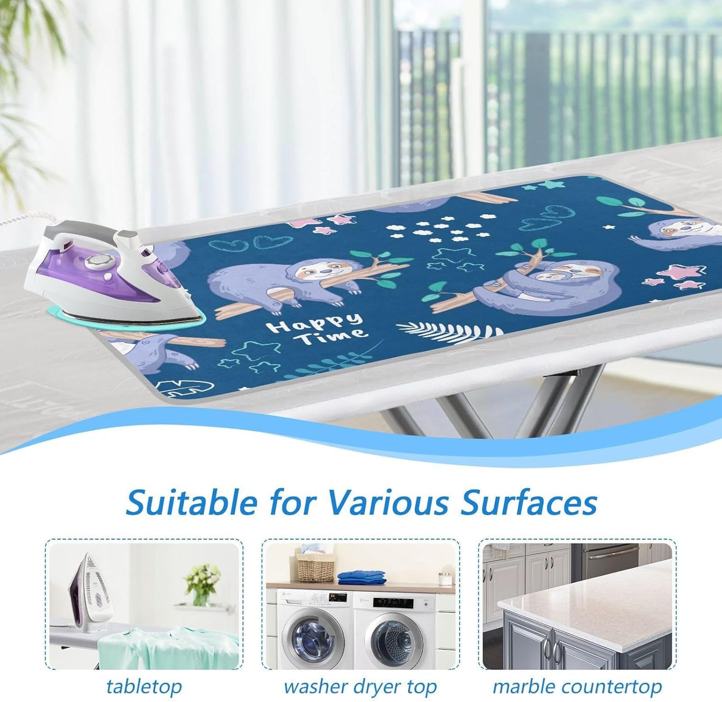 Ironing Mat Thickened Ironing Blanket Travel Portable Double-Side Using Ironing Pad Travel Isolate Heat Pad Cover for Washer Dryer Table Top Countertop (27.6x47.2in) Sloth