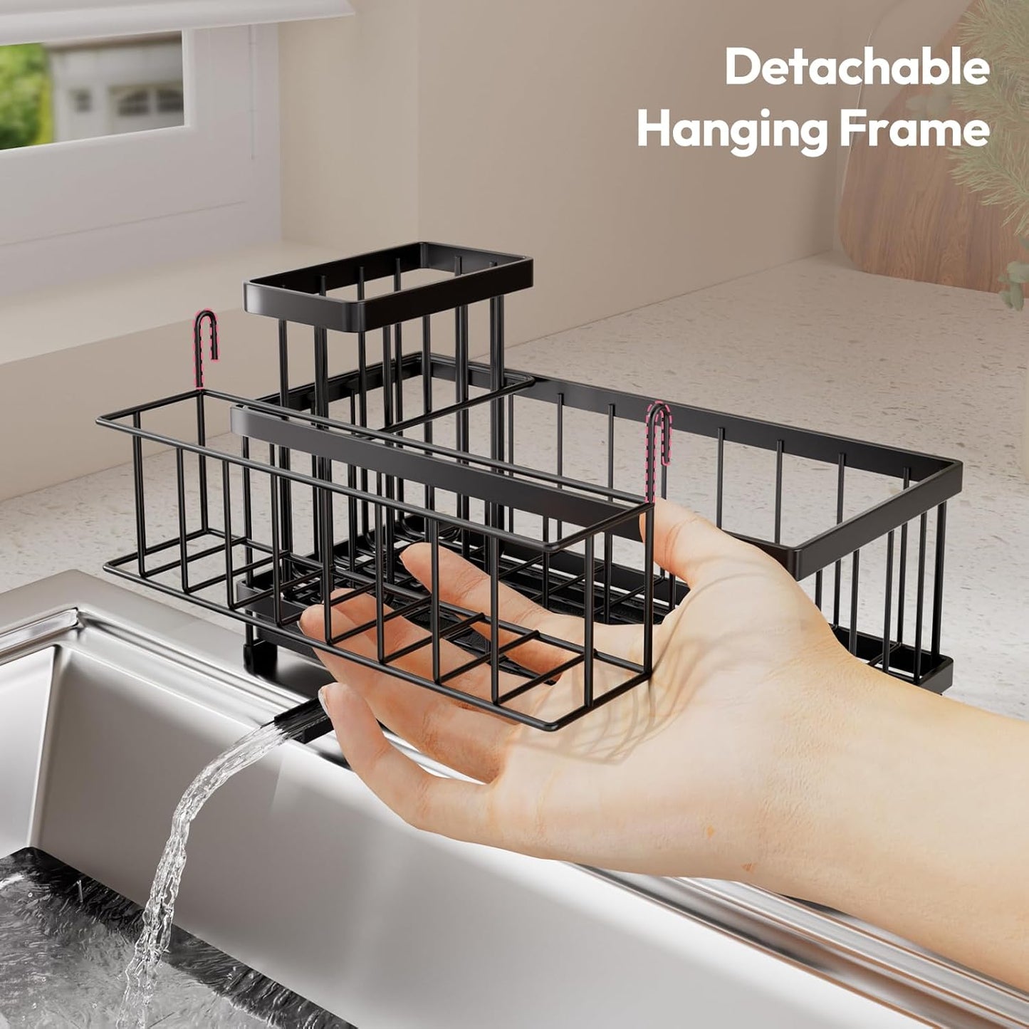 SWTYMIKI Sink Caddy Sponge Holder - Large Sponge Holder for Kitchen Sink with 360°Auto-Drain Tray, Rustproof Stainless Steel Kitchen Organizer Caddy for Countertop Organization