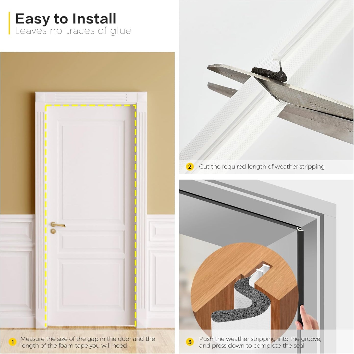 Weather Stripping Door Seal Strip - Soundproof Q-Shaped Foam for Exterior Door Frame, Large Gap Seal, Noise Cancelling, Easy to Install (White, 26FT)