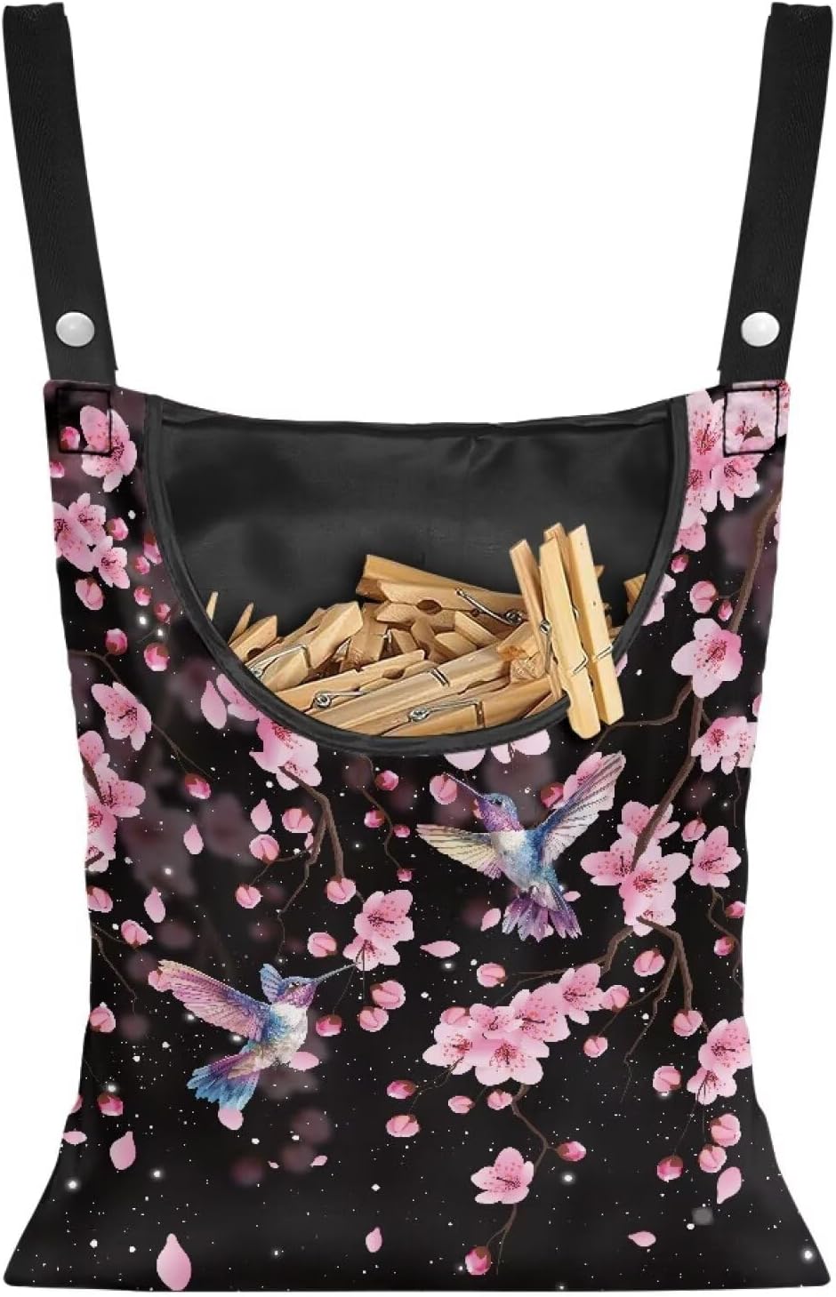 Waterproof Clothespin Bag with Hanger Hook Cherry Blossom Hummingbird - Large Opening Organizer for Balcony, Laundry Room & Apartment Use