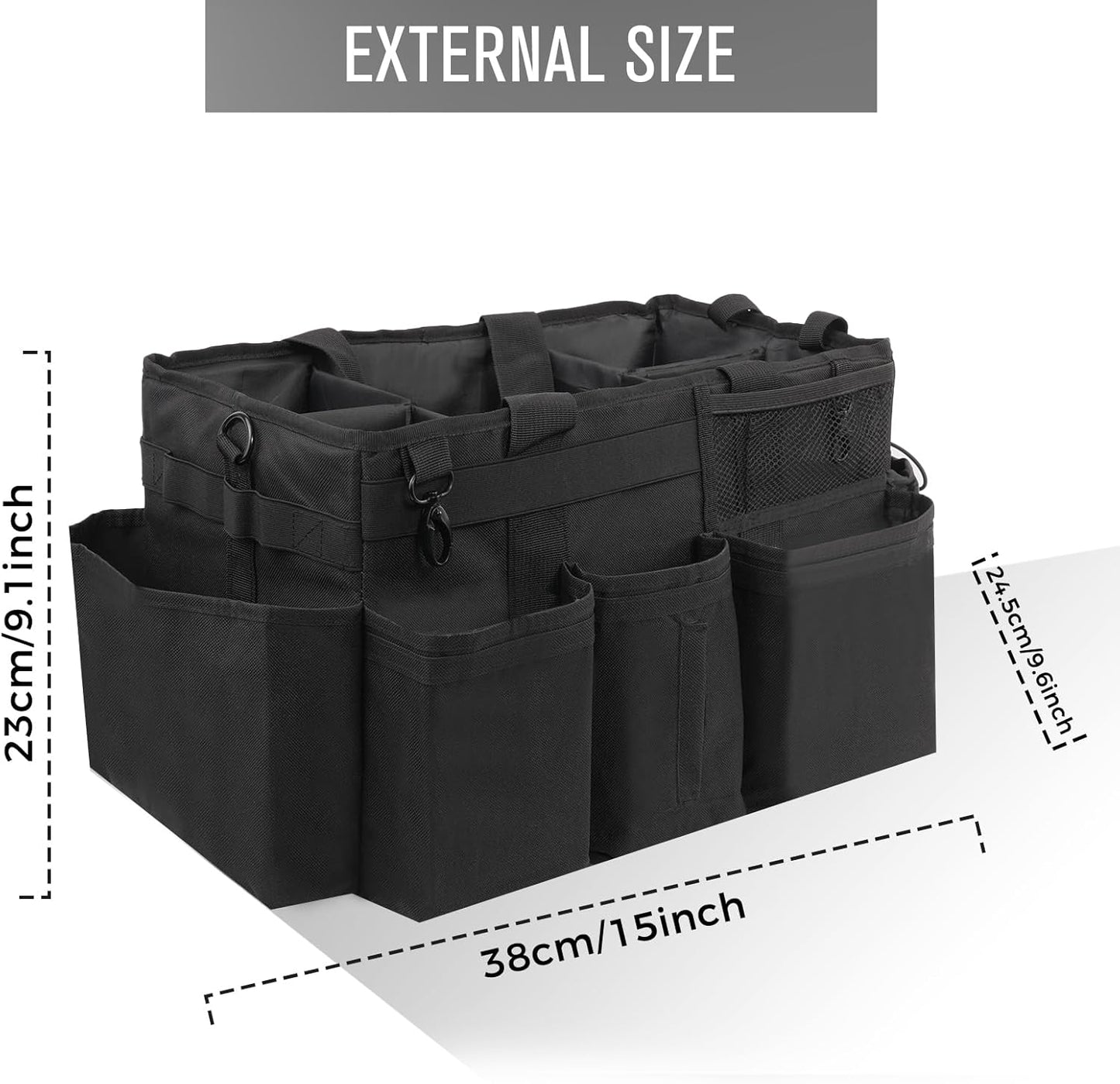 Wearable Cleaning Caddy Organizer with Handle & Shoulder Straps for Housekeepers, Under Sink & Car Cleaning Tool Organizer Bag with 4 Foldable Dividers (Black)