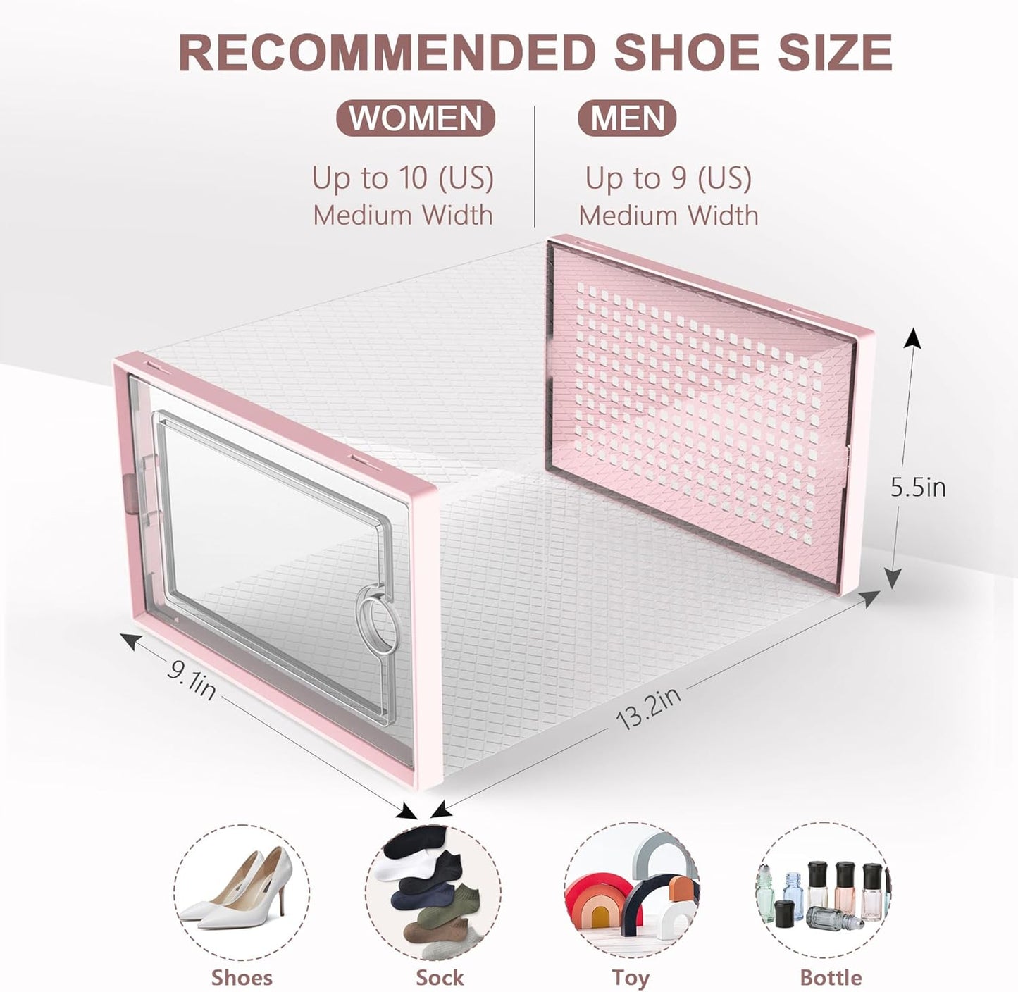 Kuject Shoe Organizers Storage Boxes for Closet, 12 Pack Clear Plastic Stackable Storage Bins with Lids, Under Bed Shoe Containers for Entryway, Drop Front, Fit up to Women's Size 10,Pink