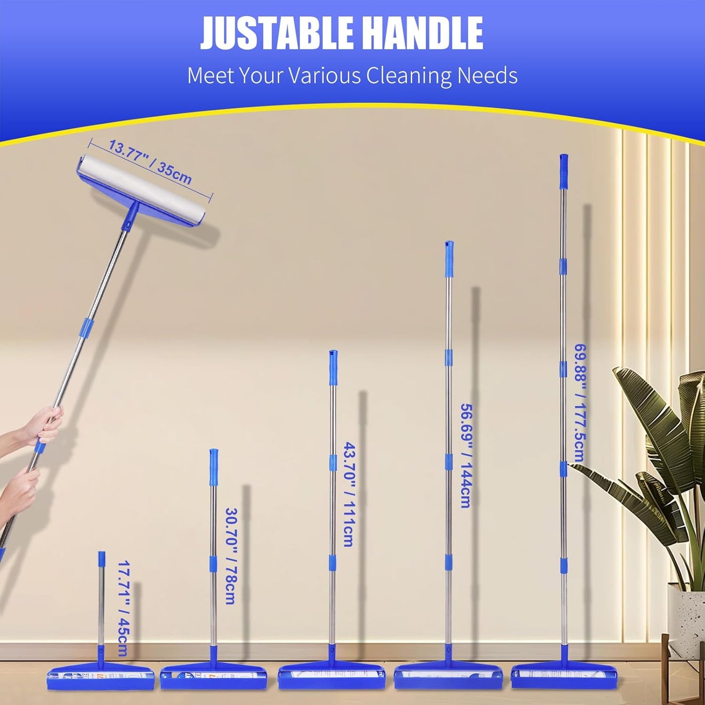 COBETE 13.77" Large Extra Sticky Lint Roller, 69.88" Long Handle Lint Remover with 6 Rollers for Clothes, Cat Dog Pet Hair, Furniture, Couch, Carpet, Floor，Painted Wall Cleaner Mop Dust Cleaning