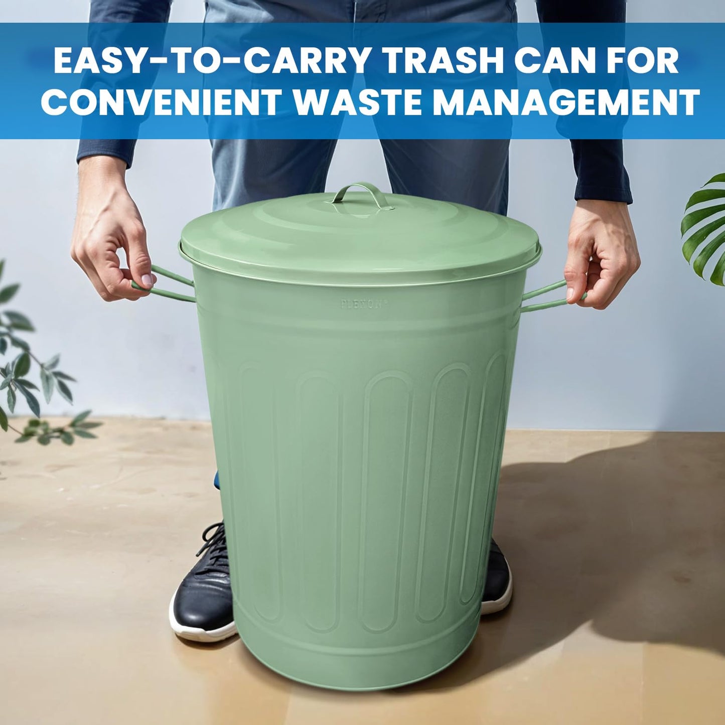 Plexon Round Trash Can 13 Gallon, Vintage Metal Outdoor Trash Can with Lid, Retro Farmhouse Garbage Container, Old School Modern Ash Bucket, Green 6 Pack