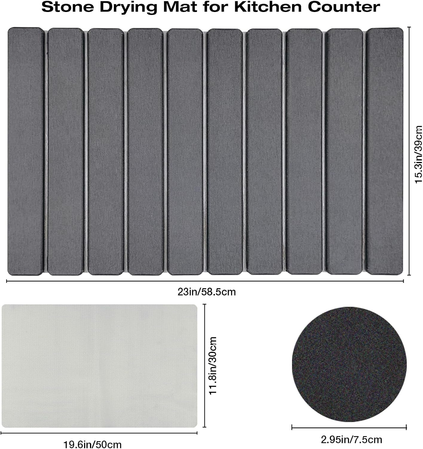 Large Diatomite Kitchen Counter Drying Mat – 24”x16”, Aesthetic Stone Mat for Dishes, Roll-Up Space-Saving & Quick-Drying Stone Rack, Dark Grey