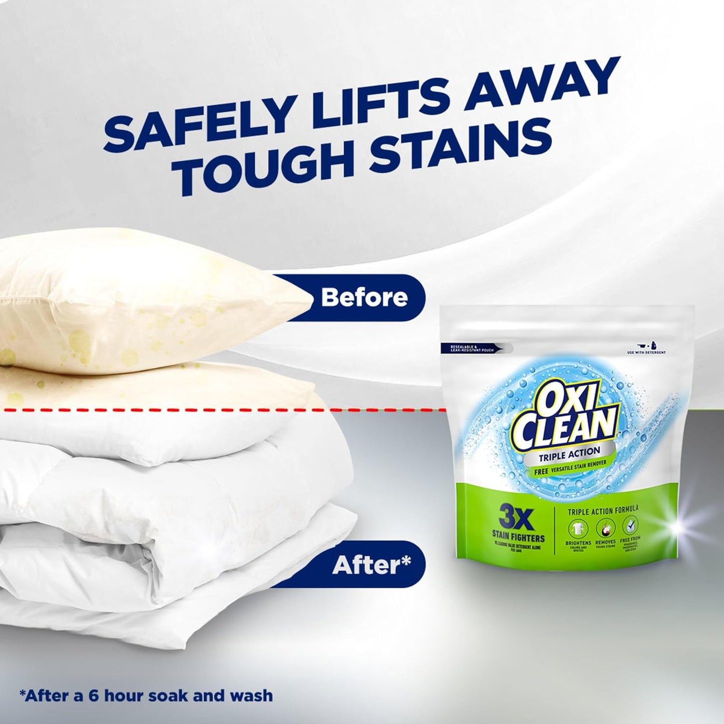 OxiClean Triple Action Free Versatile Stain Remover Powder, Use with Detergent, No Fragrance, No Dyes, No Phosphates, No Chlorine, Removes Stains, Brightens Colors and Whites, 4 lbs