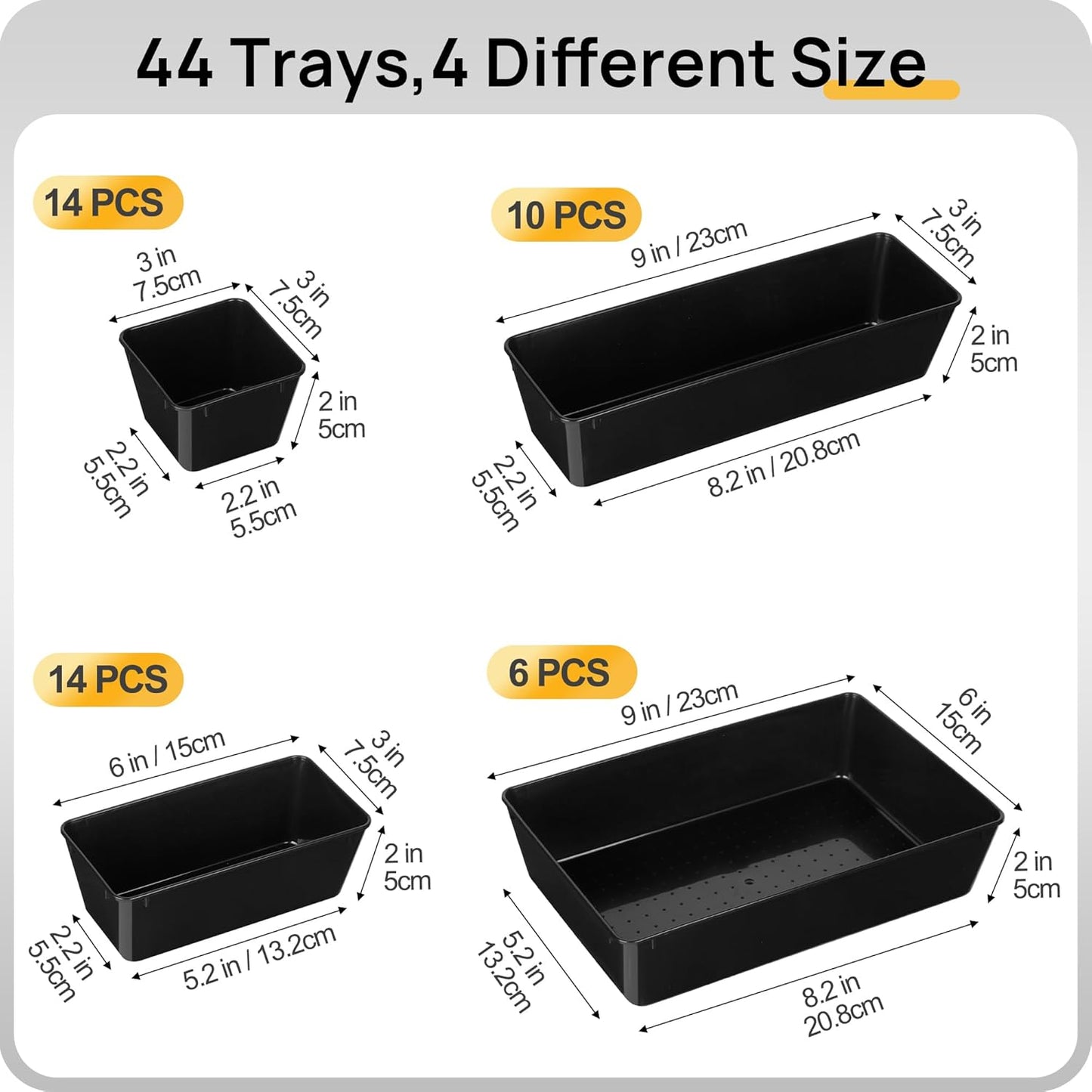 Vtopmart 44 PCS Plastic Drawer Organizers Set, 4-Size Versatile Bathroom and Vanity Organizer Trays, Non-Slip Storage Containers for Makeup, Jewelries, Bedroom，Kitchen Utensils and Office, Black