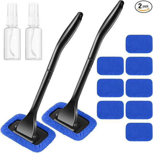 Frienda 2 Set Windshield Cleaner Tool Inside Car Windshield Cleaning Wand Auto Window Cleaner with Detachable Handle, 8 Reusable Microfiber Pads and 2 Spray Bottles for Car Interior(Blue)
