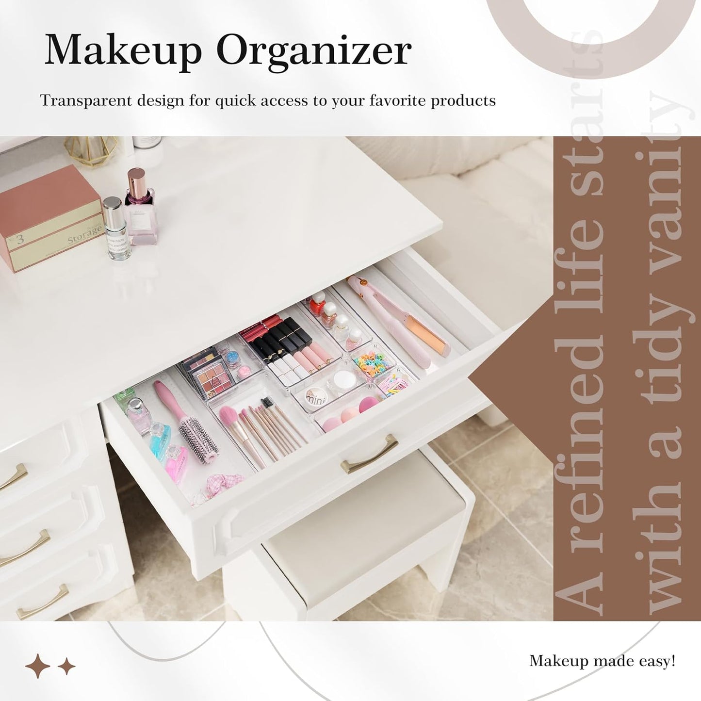 Criusia 14 PCS Clear Plastic Drawer Organizer Set - 5 Large Size Versatile Kitchen and Bathroom Organizer Trays, Non-Slip Storage Bins for Makeup, Utensils, Tool and Office Desk