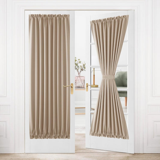DWCN French Door Curtains – Rod Pocket Thermal Blackout Curtain for Doors with Glass Window, Kitchen and Patio Doors for Privacy, 36 X 80 Inches Long, 1 Curtain Panel with Tieback, Beige