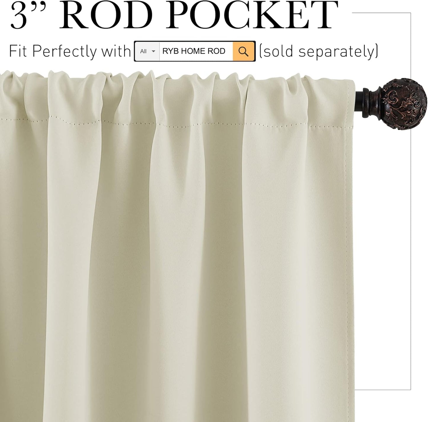 RYB HOME Beige Short Curtains Blackout, 45 inch Durable Cafe Curtains Room Darkening Window Drapes Privacy Protection for Basement Closet Kithen, W34 x L45 inch, 2 Panels