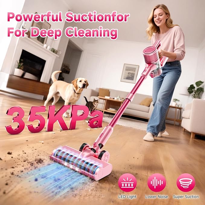 Cordless Vacuum Cleaner, 38Kpa Powerful Stick Vacuum Cleaner with 45mins Rechargeable Battery, LED Anti-Tangle Brush, 8-in-1 Handheld Vacuum Cleaners for Home/Pet Hair/Carpets/Floors, Pink