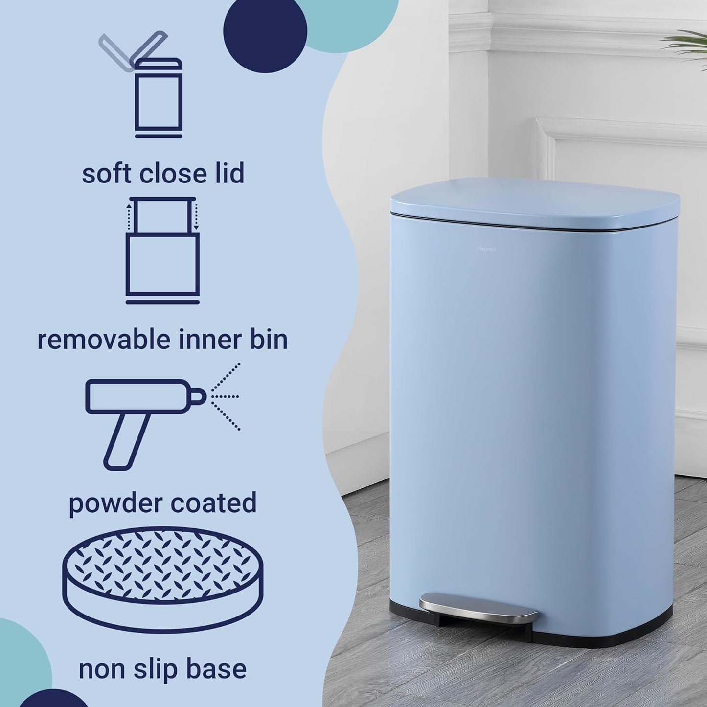 happimess HPM1006H Connor Rectangular 13-Gallon Trash Can with Soft-Close Lid and Free Mini Trash Can, Fingerprint Resistant, Modern, Minimalistic for Home, Kitchen, Office, Bathroom, Tide Pool Blue