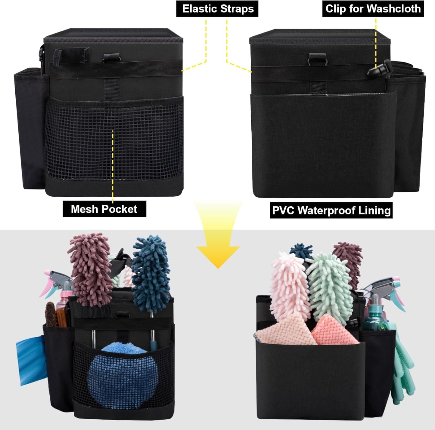 Wearable Large Cleaning Caddy Bag for Housekeeper, Clean Supply Organizer with Adjustable Shoulder, Waist & Handle Straps, Detailing Bag for Kitchen Supplies (Black)