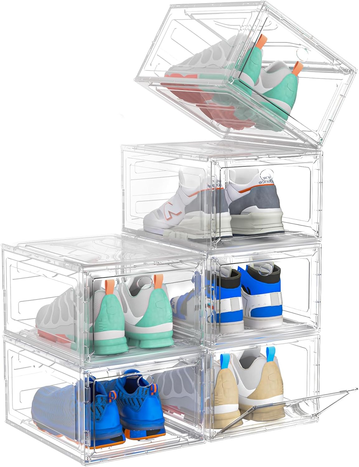 Upgrade Harder Solid Plastic Shoe Organizer, Shoe Storage with Magnetic Front Door, Shoe Rack 6 Pack Shoe Boxes Clear, Sneaker Storage, Shoe Organizer for Closet, Shoe Display Case, White
