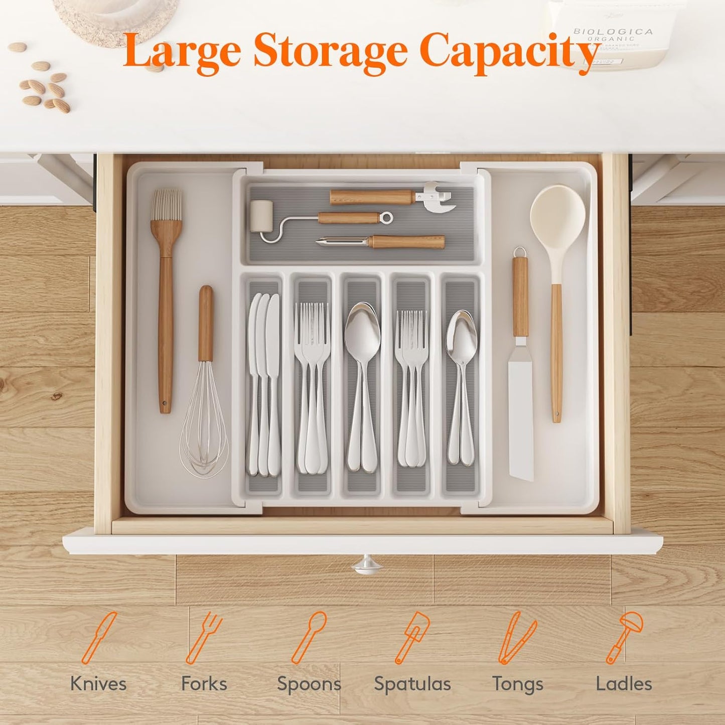 Lifewit Silverware Drawer Organizer, Expandable Utensil Tray with Non-Slip TPR, Deep Flatware Cutlery Holder, Adjustable Plastic Kitchen Storage for Spoons Forks Knives, Large, White and Gray
