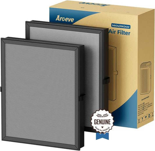 AROEVE MK04 Air Purifier Replacement Filter, Smoke Remove Material 4 -in-1 Filter with Activated Carbon Mix, Against Ash for Smoke, Odors, and VOCs, 2 Pack- Grey