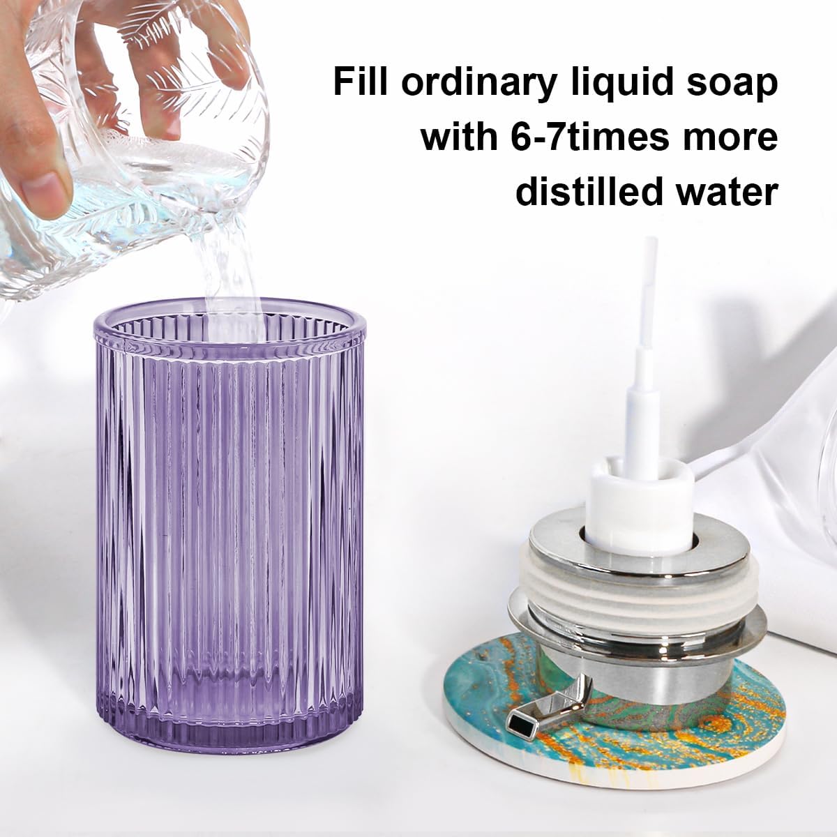 Foaming Soap Dispenser, 11 Oz Thick Glass Foam Hand Soap Dispenser, Refillable Glass Foam Pump Bottle Container Decorative Slim Ribbed Bottle for Bathroom and Kitchen (1, Purple Silver)