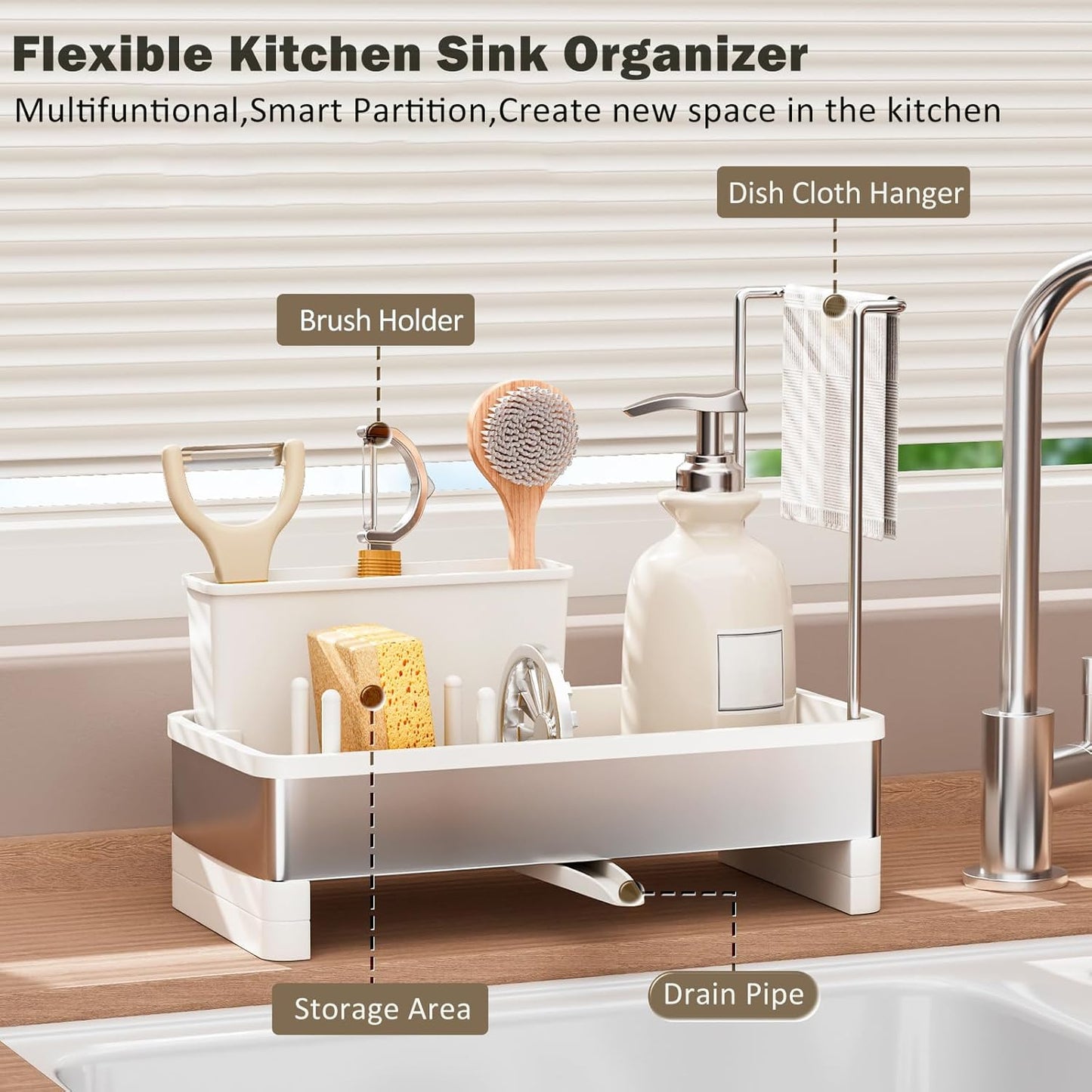 Sponge Holder for Kitchen Sink,Sink Caddy Organizer with Removable Brush Holder,Kitchen Countertop Soap Dispenser Storage with Detachable Towel Rack,White
