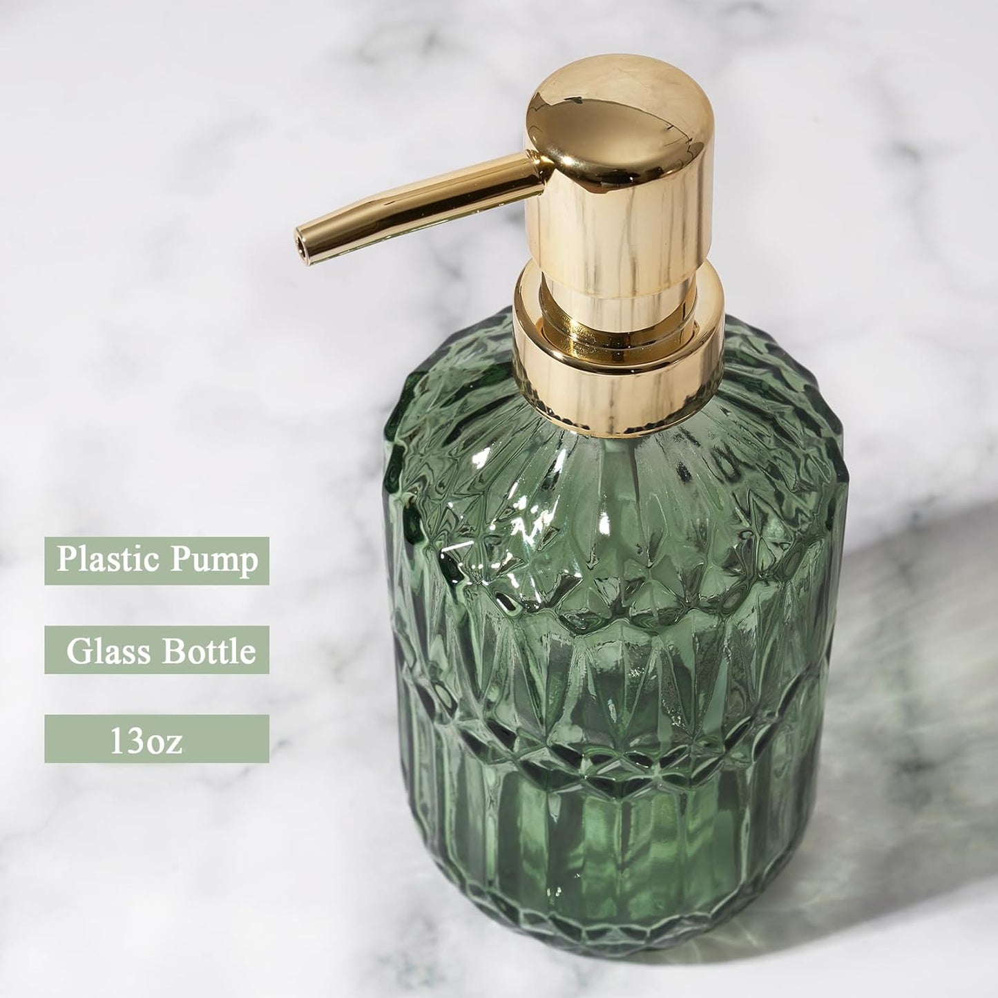 Glass Soap Dispenser Green Bottle Gold Plastic Pump Refillable Kitchen Sink Countertop Hand Dish Dispensers