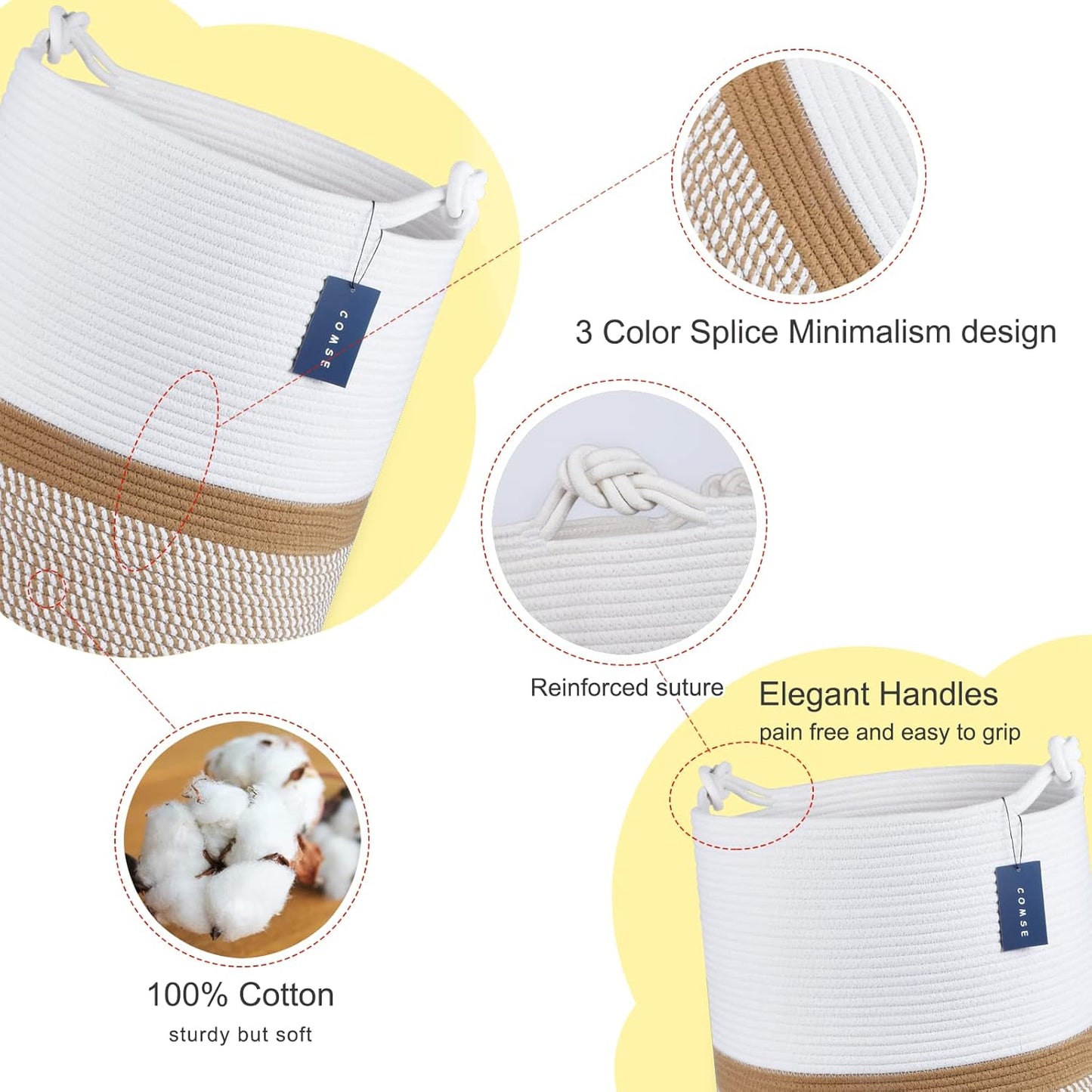 COMSE Extra Large Blanket Basket, Tall Woven Storage Basket, Nursery Hamper, 15.7”x 21.7”, Cotton Rope Laundry Hamper for Toys Clothes Towels, Blend White/Camel