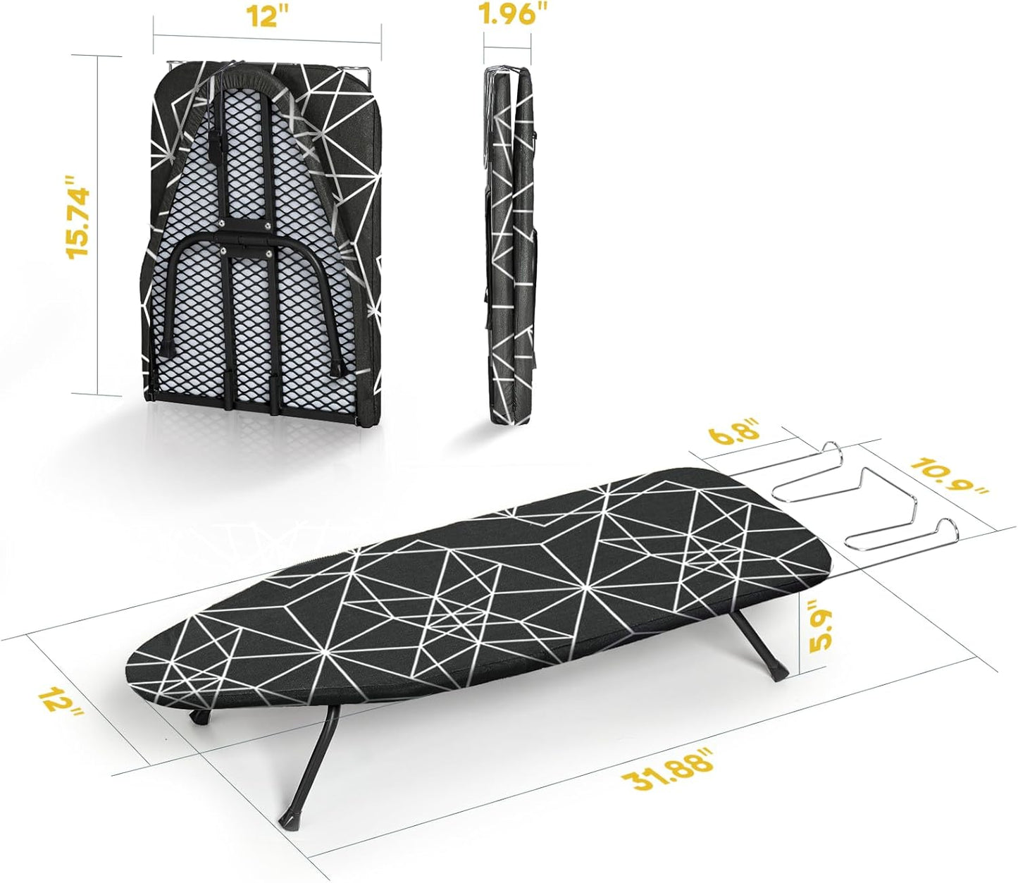 Mini Ironing Board Tabletop Foldable, RAINHOL Space-Saving Iron Board, Compact and Portable for Travel and College, with Hook and Iron Holder, Steel Mesh, 31" x 12", Black and White Stripes