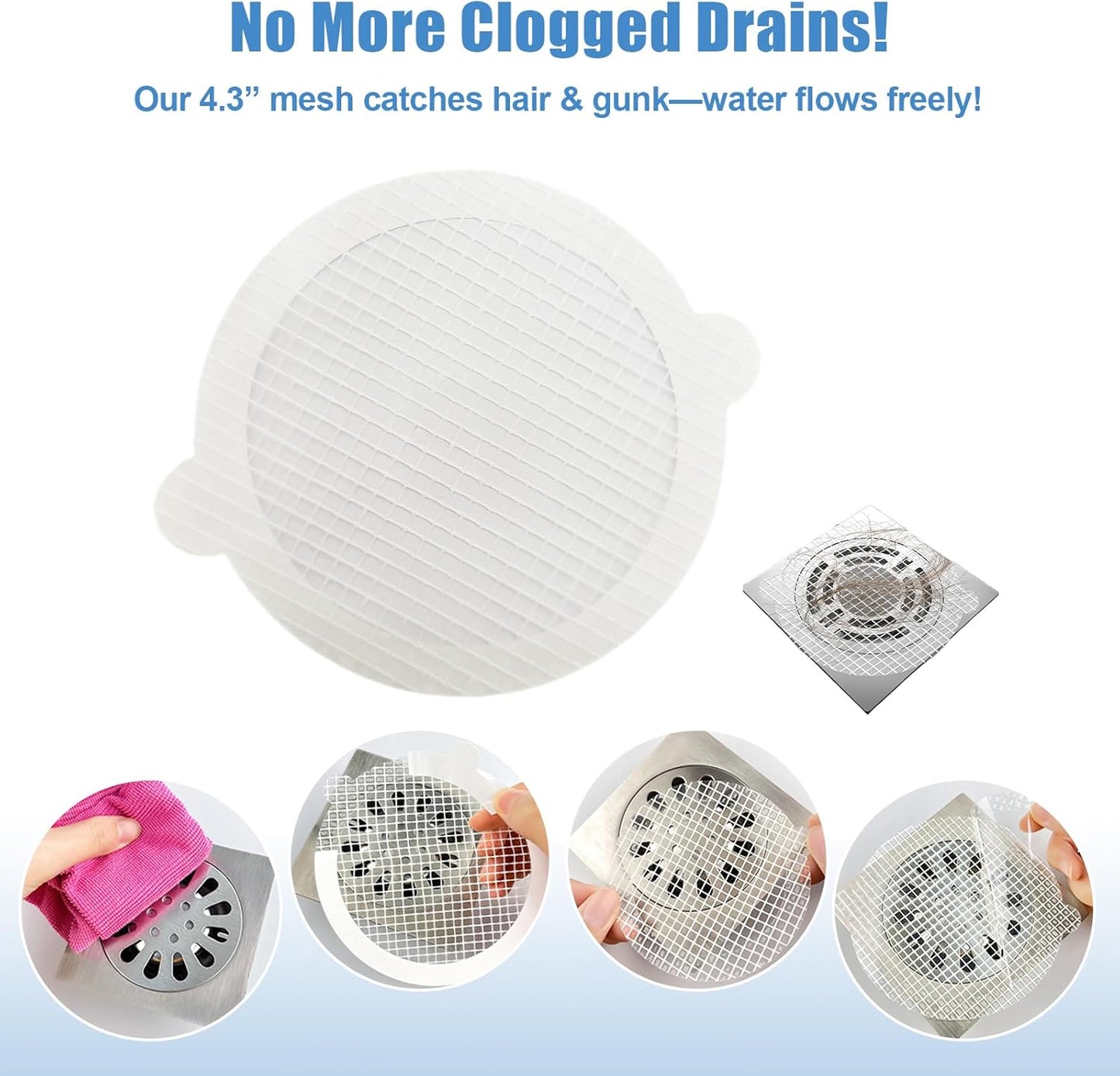 30 Pack Disposable Shower Drain Hair Catcher Hair Trap Drain Covers 4.3” Extra-Wide Mesh Hair Catcher for Shower, Sink, Laundry & Bathtub